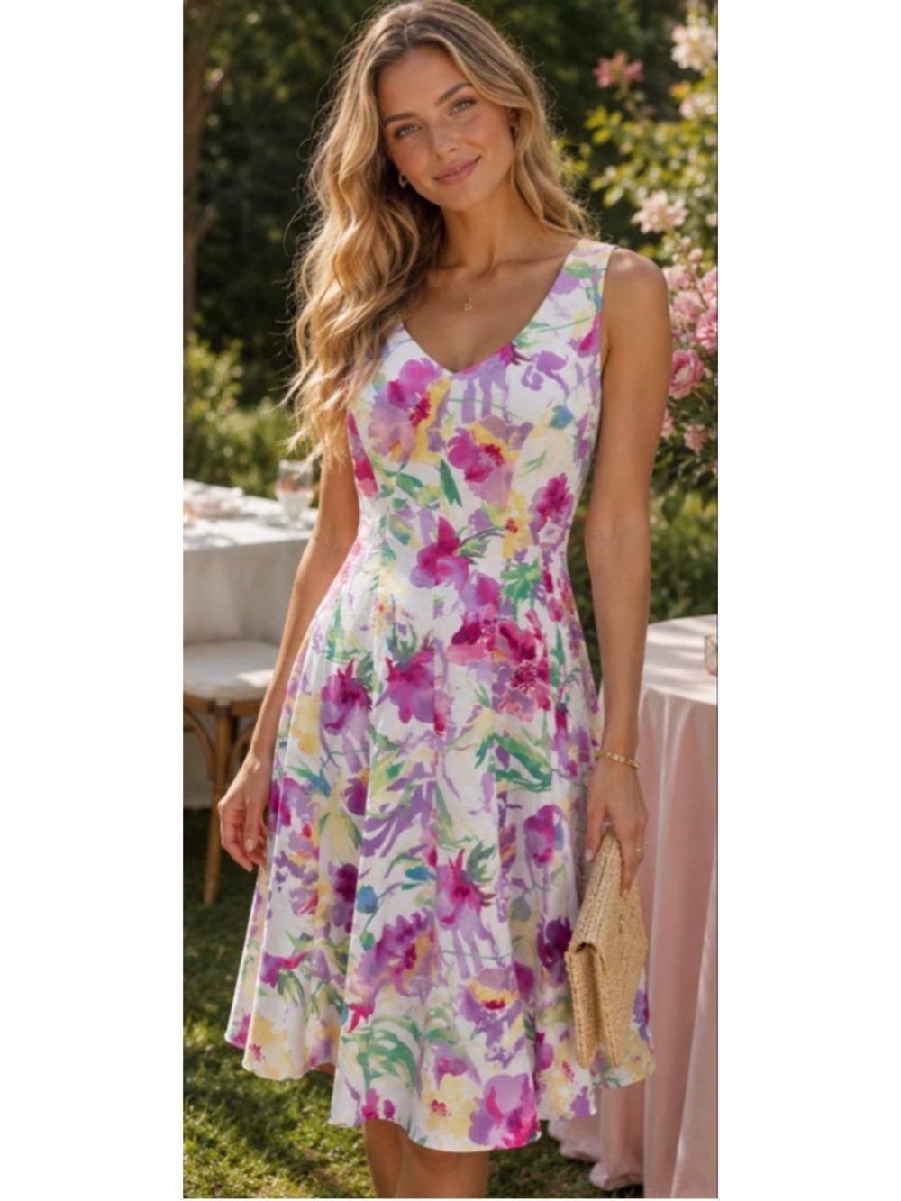 New CHAPS White Floral Sleeveless Dress Size 10